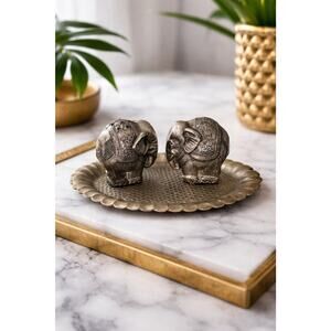 Vintage Occupied Japan Elephant Salt Pepper Set Tray MCM Brass Safari Silver